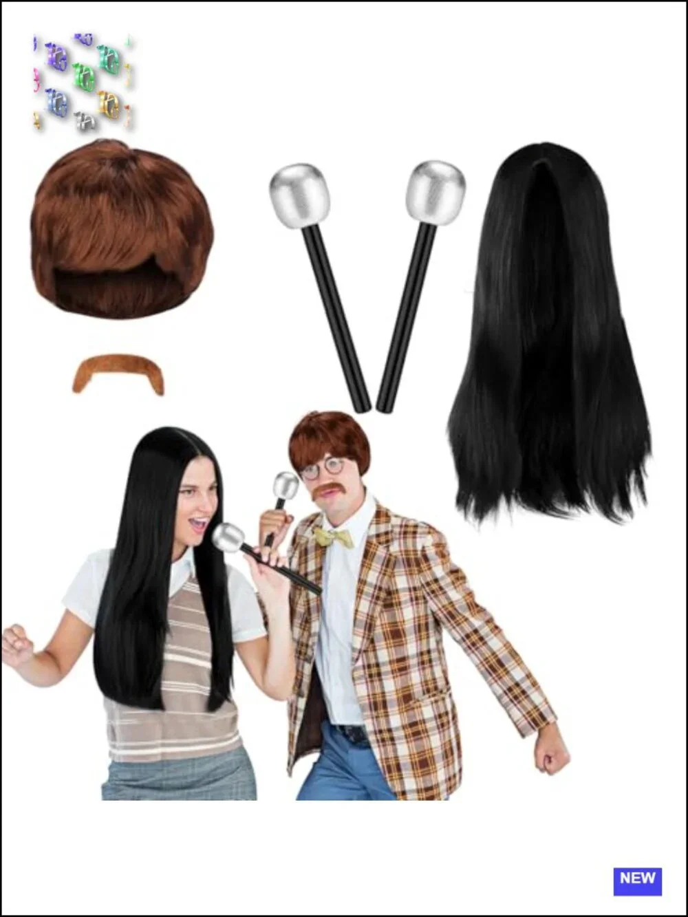 70s Hippie Costume 5 Piece Set Wig Mustache Microphones Halloween Cosplay